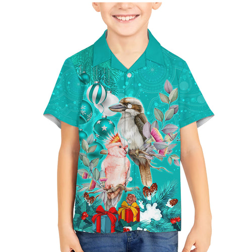 kookaburra-and-cockatoo-family-matching-mermaid-dress-and-hawaiian-shirt-australia-merry-christmas-aboriginal-teal-style