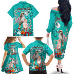kookaburra-and-cockatoo-family-matching-off-shoulder-long-sleeve-dress-and-hawaiian-shirt-australia-merry-christmas-aboriginal-teal-style