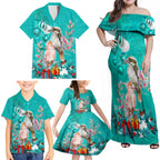 kookaburra-and-cockatoo-family-matching-off-shoulder-maxi-dress-and-hawaiian-shirt-australia-merry-christmas-aboriginal-teal-style