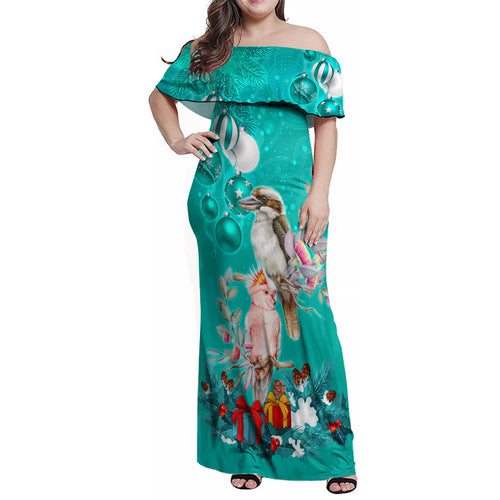 kookaburra-and-cockatoo-family-matching-off-shoulder-maxi-dress-and-hawaiian-shirt-australia-merry-christmas-aboriginal-teal-style