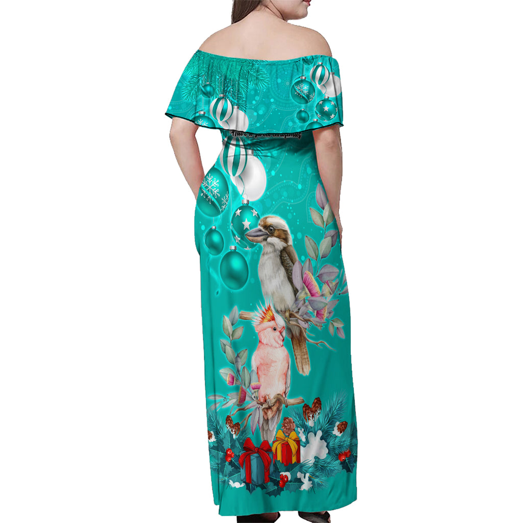 kookaburra-and-cockatoo-family-matching-off-shoulder-maxi-dress-and-hawaiian-shirt-australia-merry-christmas-aboriginal-teal-style