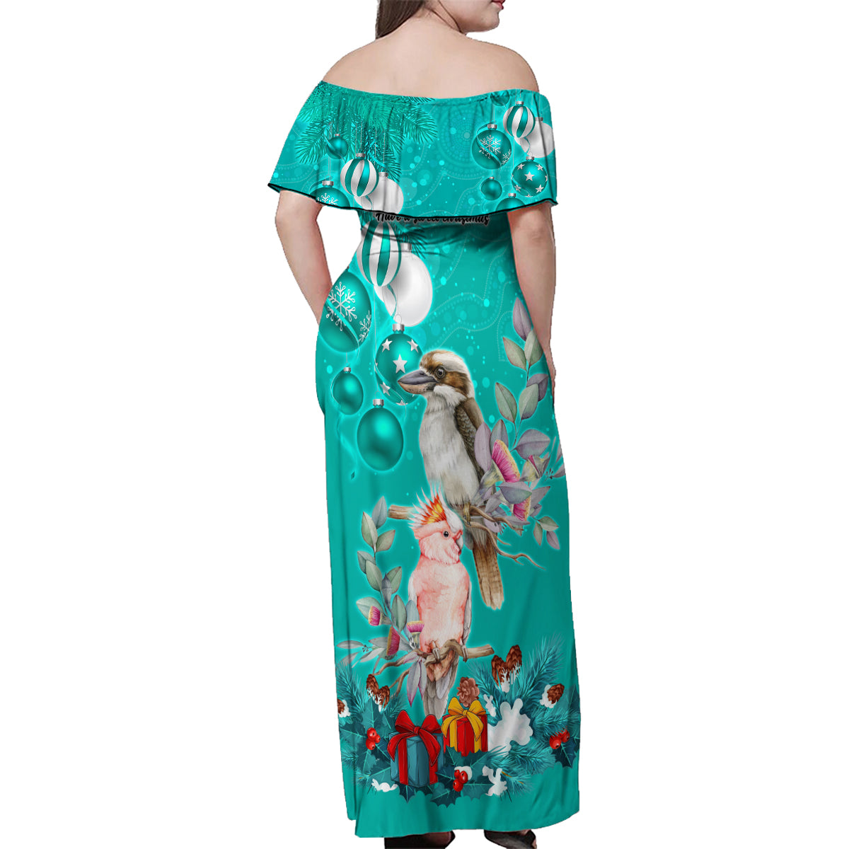 kookaburra-and-cockatoo-family-matching-off-shoulder-maxi-dress-and-hawaiian-shirt-australia-merry-christmas-aboriginal-teal-style