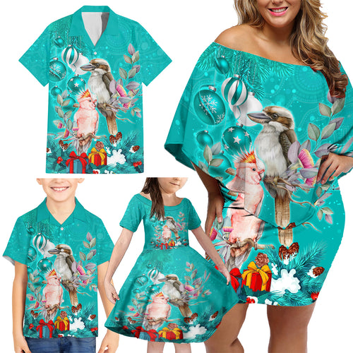 kookaburra-and-cockatoo-family-matching-off-shoulder-short-dress-and-hawaiian-shirt-australia-merry-christmas-aboriginal-teal-style