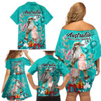 kookaburra-and-cockatoo-family-matching-off-shoulder-short-dress-and-hawaiian-shirt-australia-merry-christmas-aboriginal-teal-style