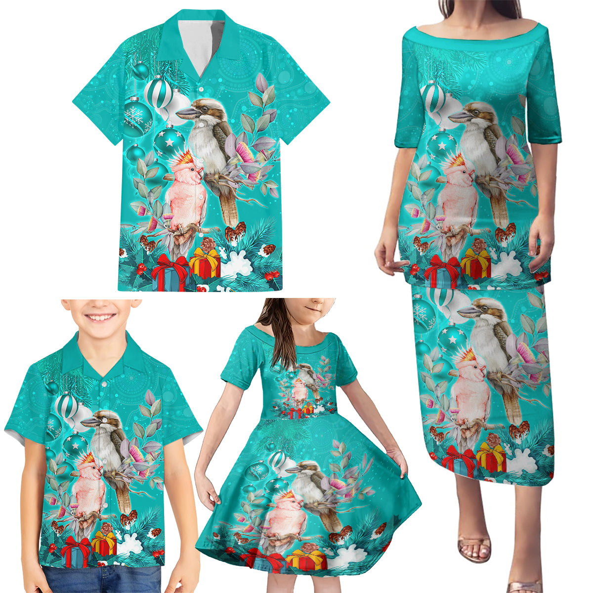 kookaburra-and-cockatoo-family-matching-puletasi-dress-and-hawaiian-shirt-australia-merry-christmas-aboriginal-teal-style