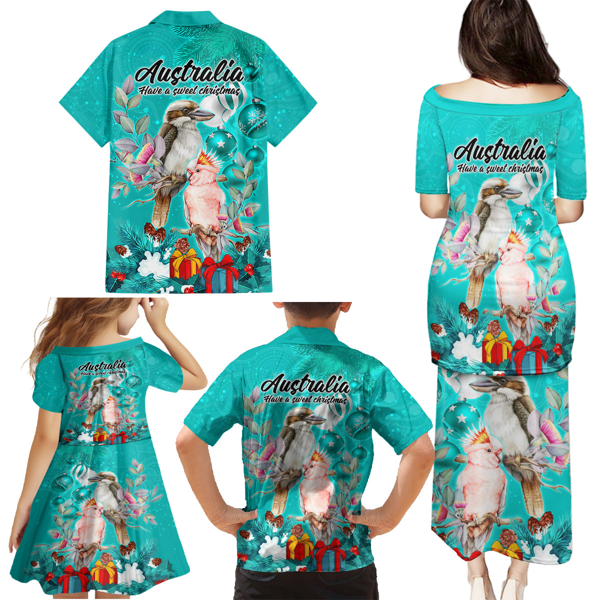kookaburra-and-cockatoo-family-matching-puletasi-dress-and-hawaiian-shirt-australia-merry-christmas-aboriginal-teal-style