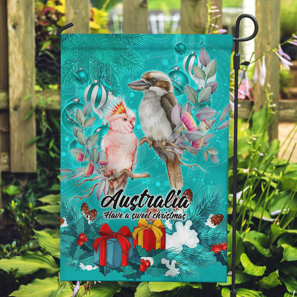 kookaburra-and-cockatoo-garden-flag-australia-merry-christmas-aboriginal-teal-style