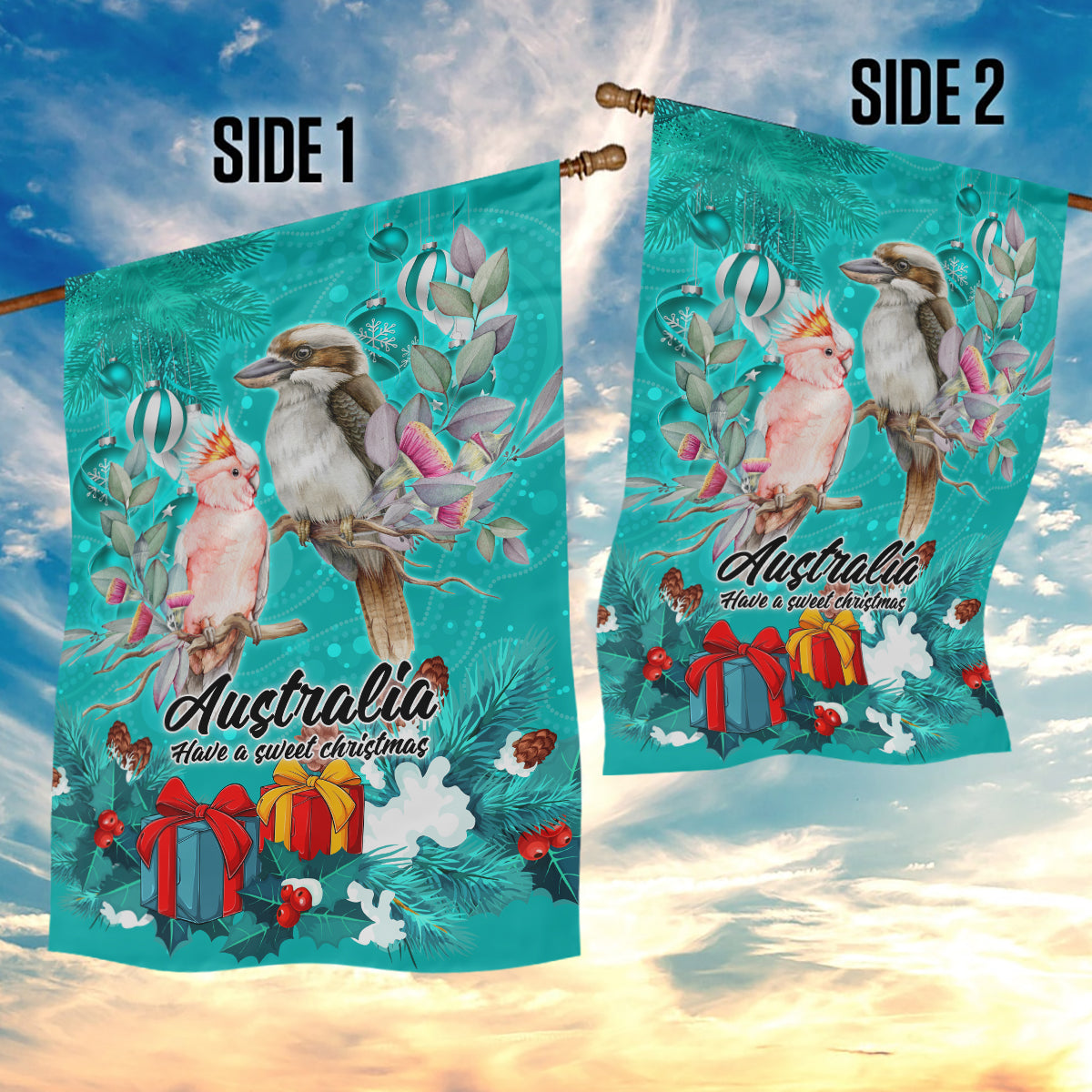 kookaburra-and-cockatoo-garden-flag-australia-merry-christmas-aboriginal-teal-style