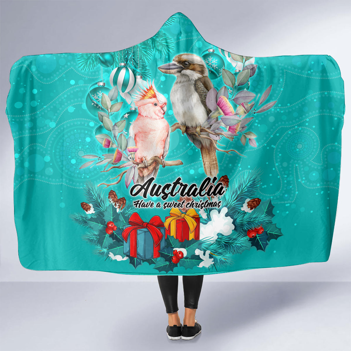 kookaburra-and-cockatoo-hooded-blanket-australia-merry-christmas-aboriginal-teal-style