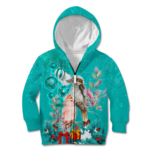 kookaburra-and-cockatoo-kid-hoodie-australia-merry-christmas-aboriginal-teal-style
