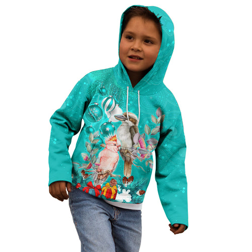 kookaburra-and-cockatoo-kid-hoodie-australia-merry-christmas-aboriginal-teal-style