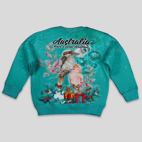 kookaburra-and-cockatoo-kid-ugly-christmas-sweater-australia-merry-christmas-aboriginal-teal-style