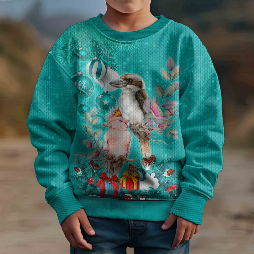kookaburra-and-cockatoo-kid-ugly-christmas-sweater-australia-merry-christmas-aboriginal-teal-style