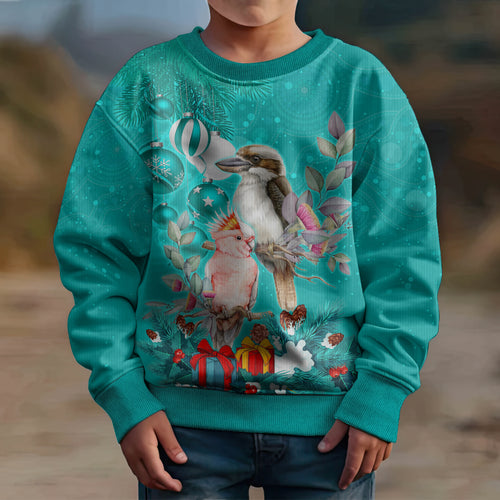 kookaburra-and-cockatoo-kid-ugly-christmas-sweater-australia-merry-christmas-aboriginal-teal-style