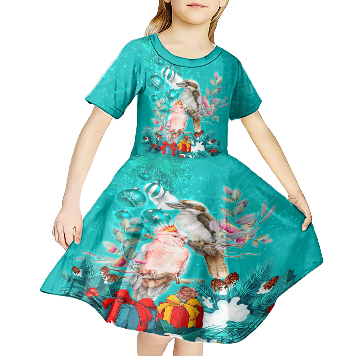 kookaburra-and-cockatoo-kid-short-sleeve-dress-australia-merry-christmas-aboriginal-teal-style