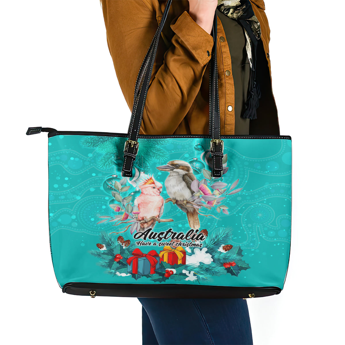 kookaburra-and-cockatoo-leather-tote-bag-australia-merry-christmas-aboriginal-teal-style