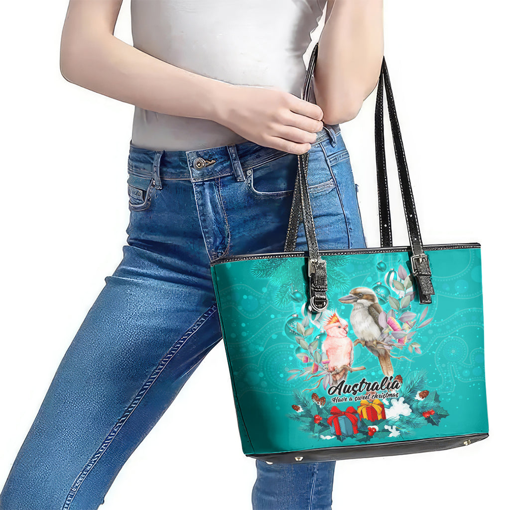kookaburra-and-cockatoo-leather-tote-bag-australia-merry-christmas-aboriginal-teal-style