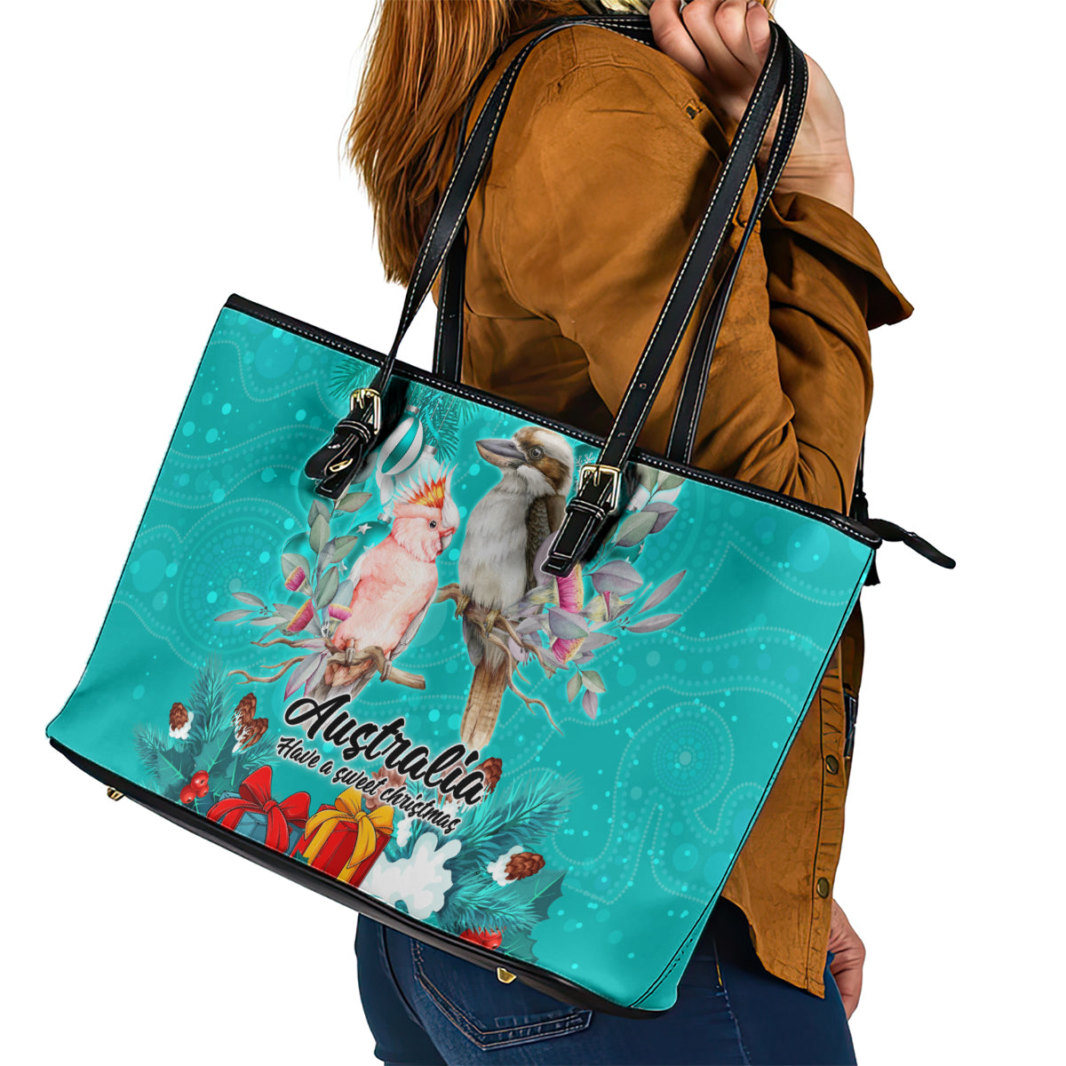 kookaburra-and-cockatoo-leather-tote-bag-australia-merry-christmas-aboriginal-teal-style