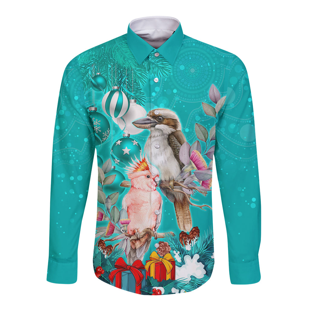 kookaburra-and-cockatoo-long-sleeve-button-shirt-australia-merry-christmas-aboriginal-teal-style