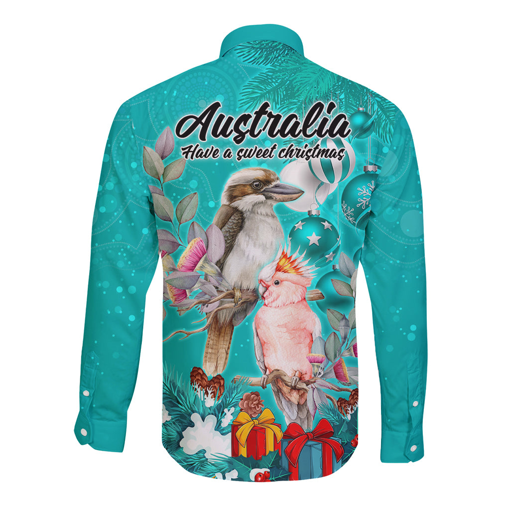 kookaburra-and-cockatoo-long-sleeve-button-shirt-australia-merry-christmas-aboriginal-teal-style