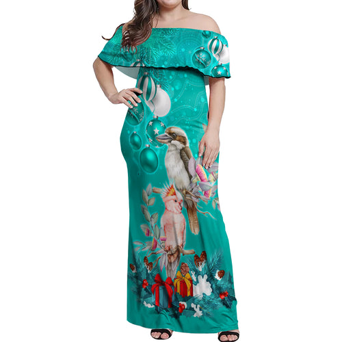 kookaburra-and-cockatoo-off-shoulder-maxi-dress-australia-merry-christmas-aboriginal-teal-style