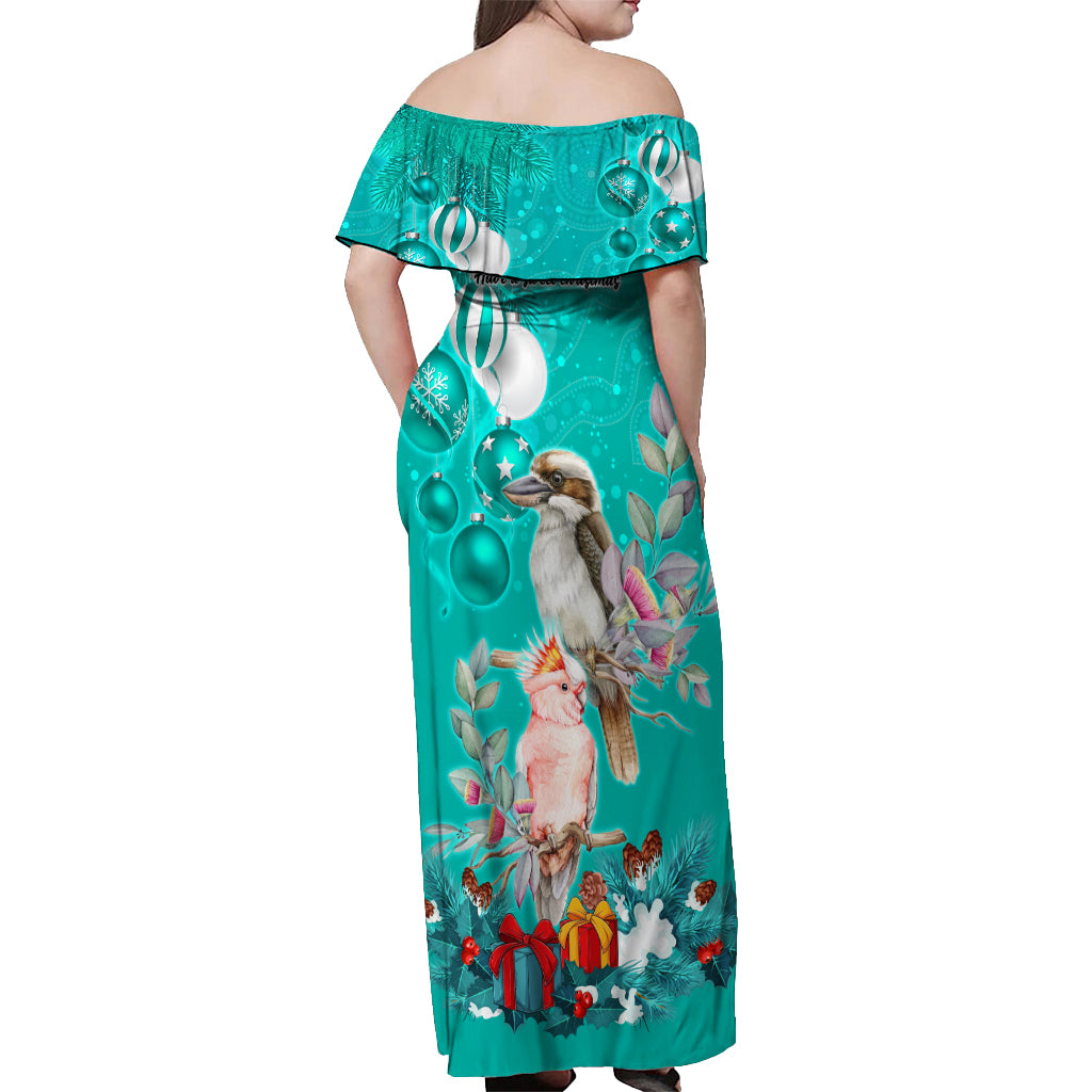 kookaburra-and-cockatoo-off-shoulder-maxi-dress-australia-merry-christmas-aboriginal-teal-style