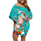 kookaburra-and-cockatoo-off-shoulder-short-dress-australia-merry-christmas-aboriginal-teal-style