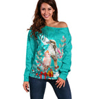 kookaburra-and-cockatoo-off-shoulder-sweater-australia-merry-christmas-aboriginal-teal-style