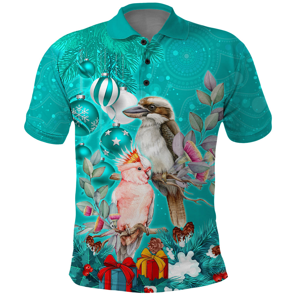 kookaburra-and-cockatoo-polo-shirt-australia-merry-christmas-aboriginal-teal-style