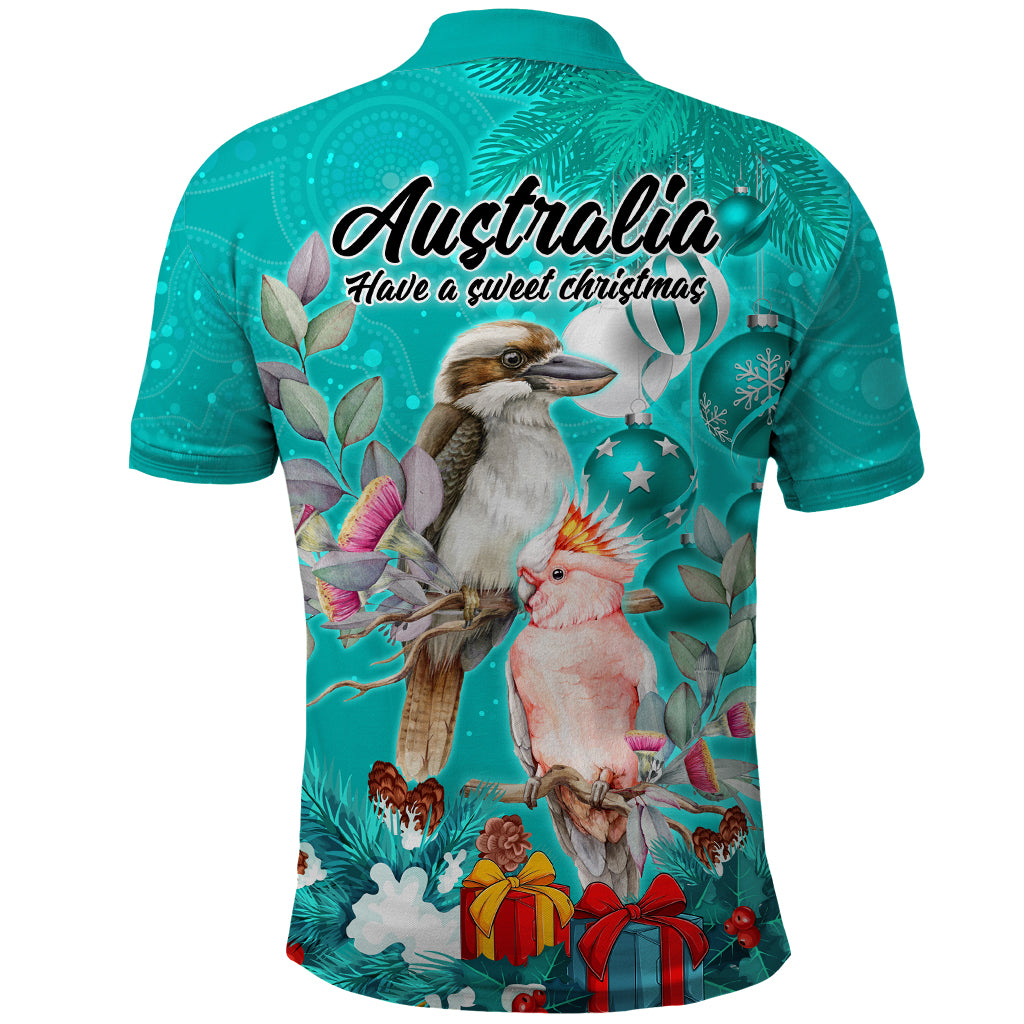 kookaburra-and-cockatoo-polo-shirt-australia-merry-christmas-aboriginal-teal-style