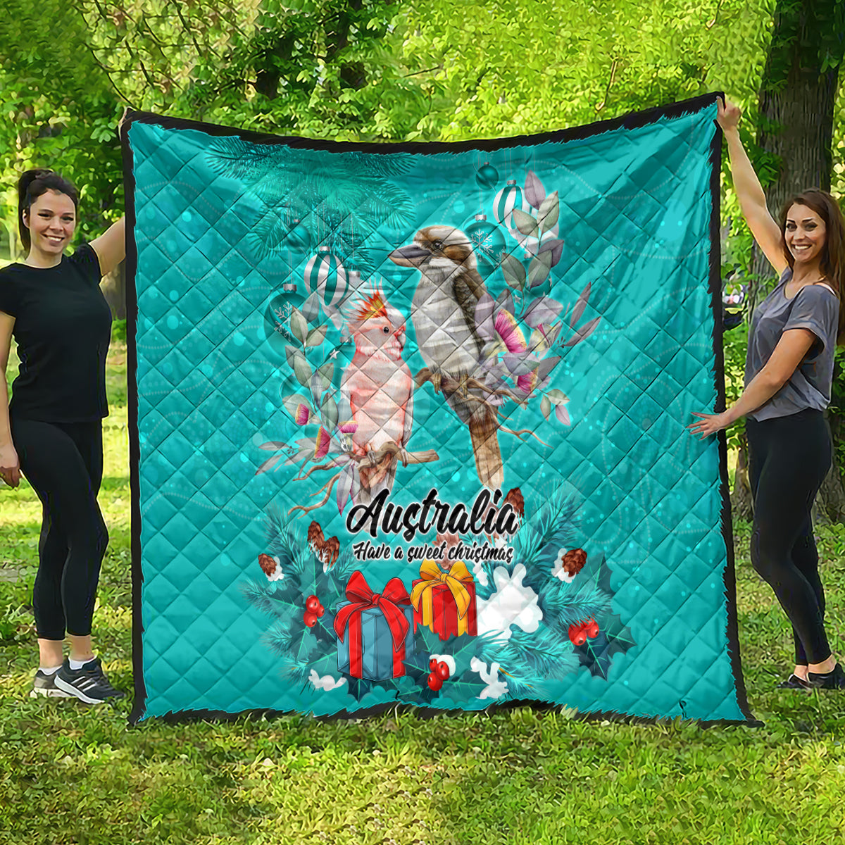 kookaburra-and-cockatoo-quilt-australia-merry-christmas-aboriginal-teal-style
