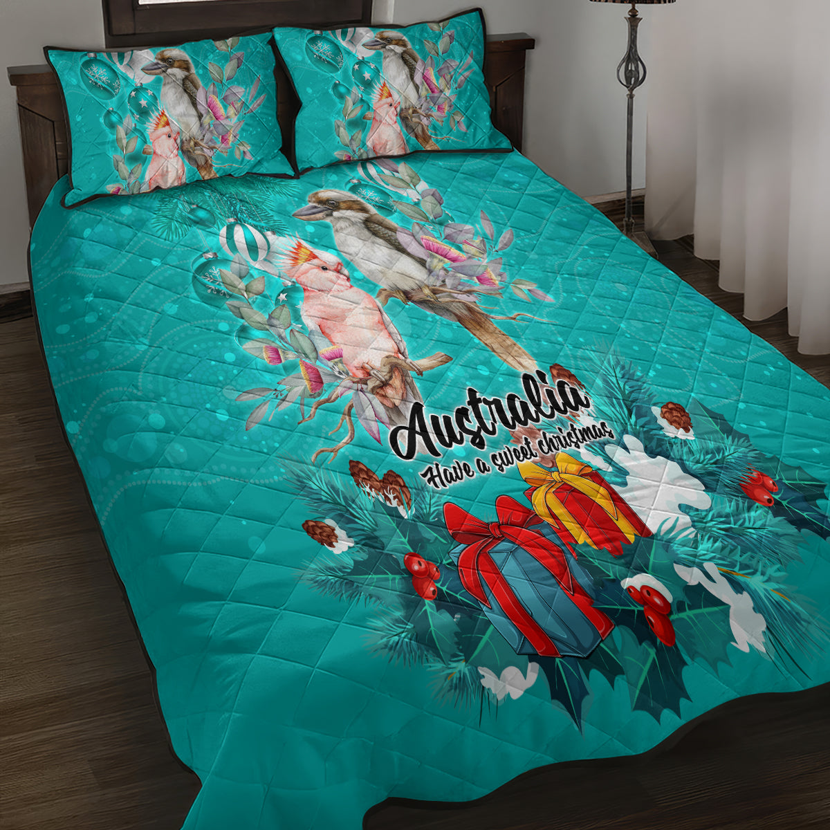 kookaburra-and-cockatoo-quilt-bed-set-australia-merry-christmas-aboriginal-teal-style