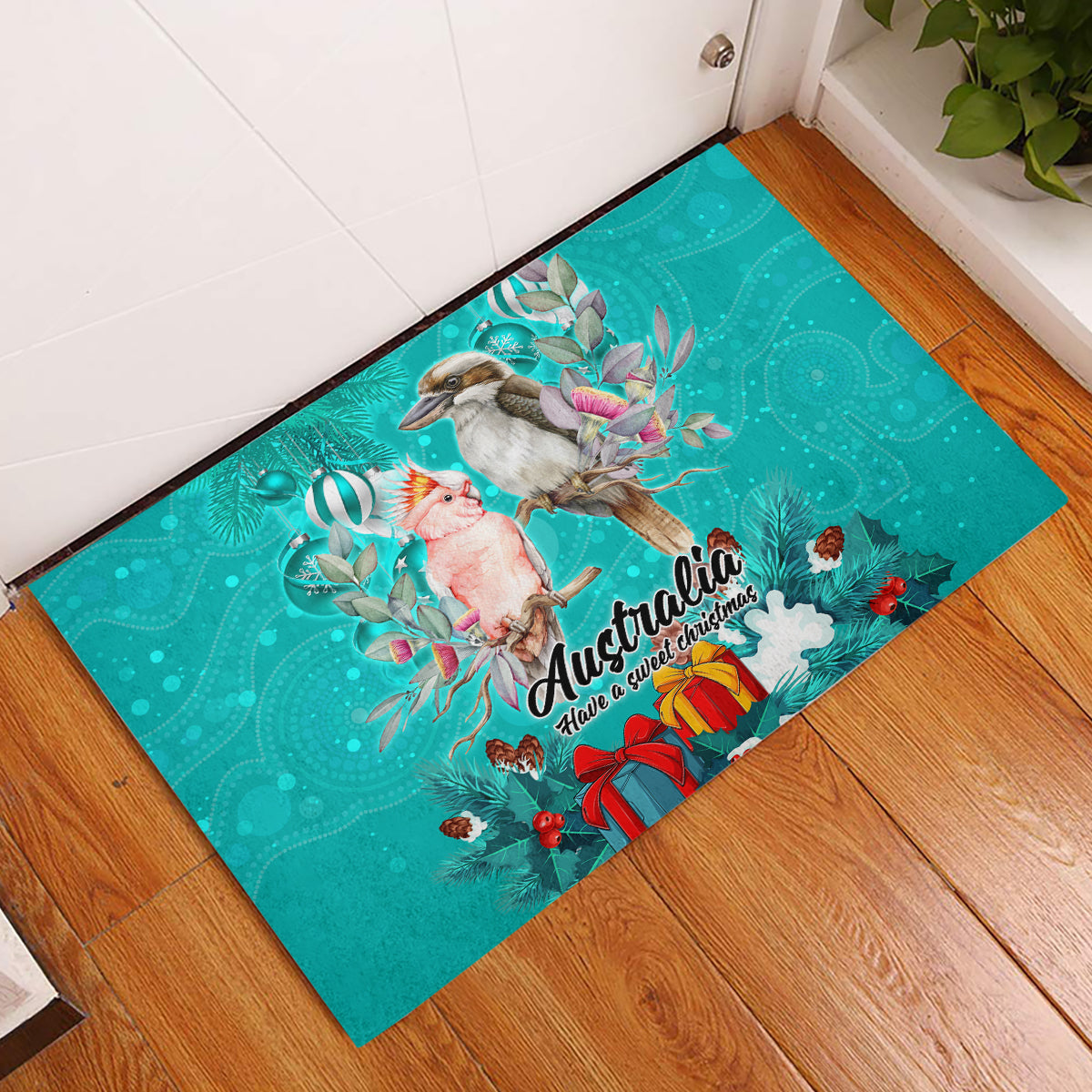 kookaburra-and-cockatoo-rubber-doormat-australia-merry-christmas-aboriginal-teal-style