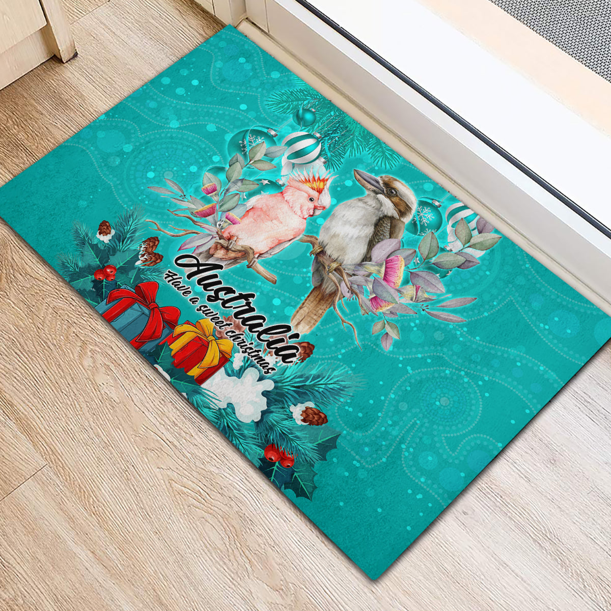 kookaburra-and-cockatoo-rubber-doormat-australia-merry-christmas-aboriginal-teal-style