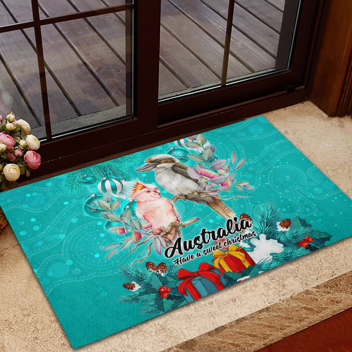 kookaburra-and-cockatoo-rubber-doormat-australia-merry-christmas-aboriginal-teal-style