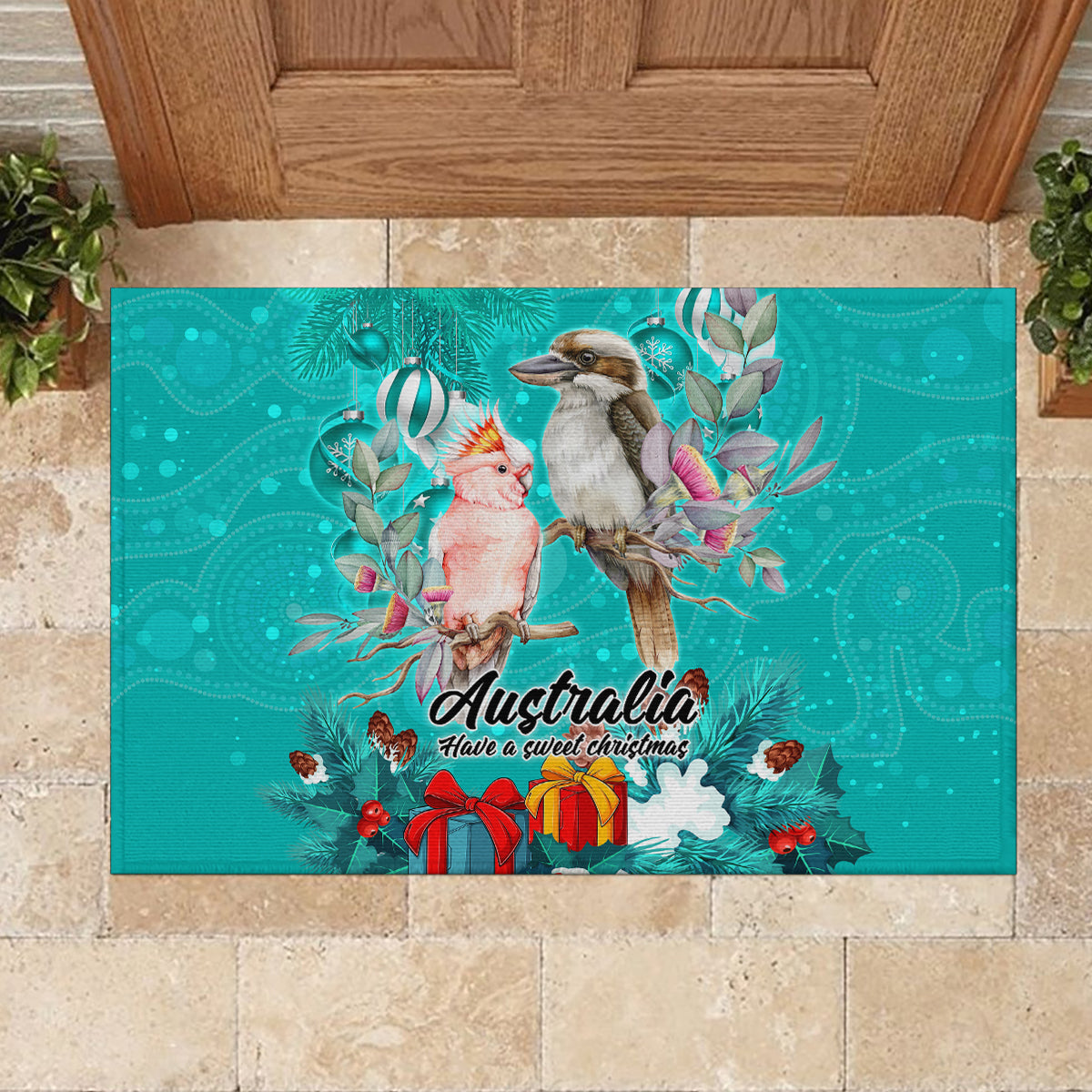 kookaburra-and-cockatoo-rubber-doormat-australia-merry-christmas-aboriginal-teal-style