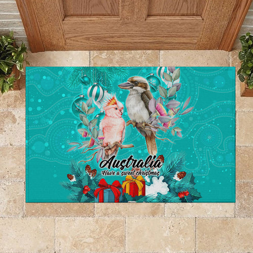 kookaburra-and-cockatoo-rubber-doormat-australia-merry-christmas-aboriginal-teal-style