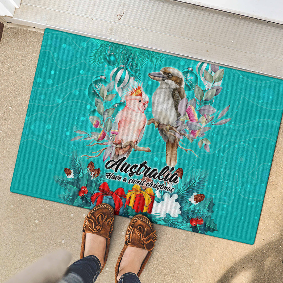 kookaburra-and-cockatoo-rubber-doormat-australia-merry-christmas-aboriginal-teal-style