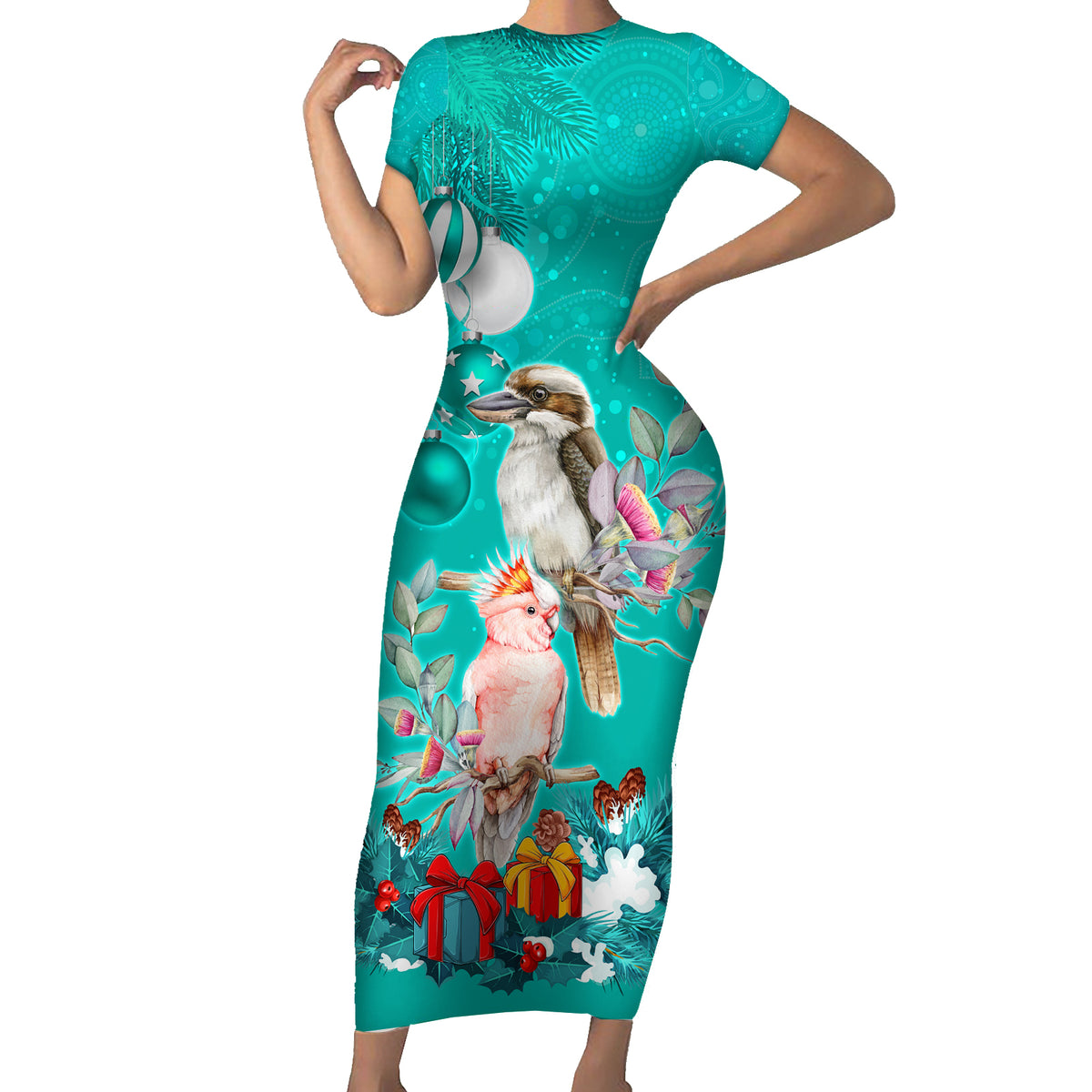 kookaburra-and-cockatoo-short-sleeve-bodycon-dress-australia-merry-christmas-aboriginal-teal-style