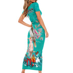 kookaburra-and-cockatoo-short-sleeve-bodycon-dress-australia-merry-christmas-aboriginal-teal-style