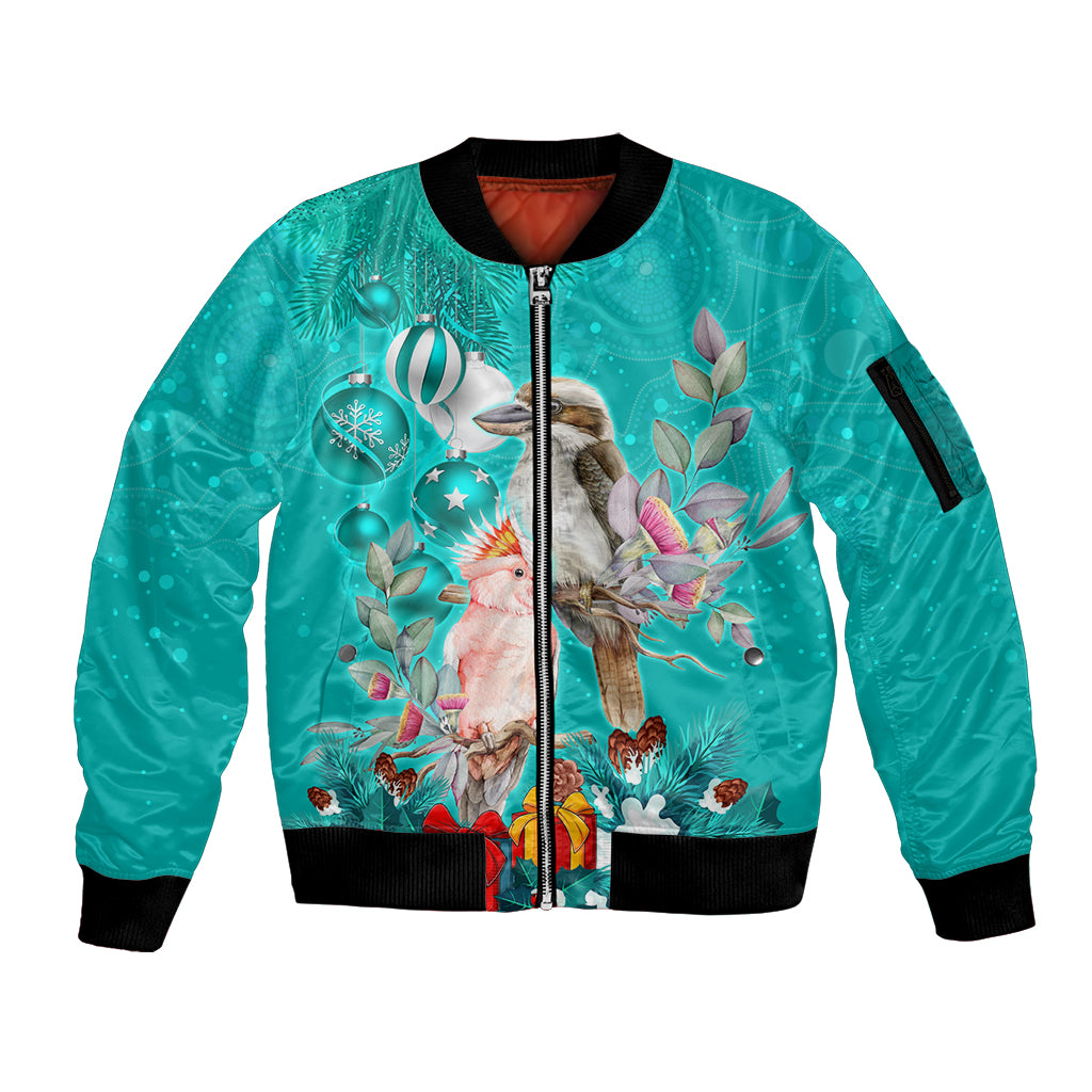 kookaburra-and-cockatoo-sleeve-zip-bomber-jacket-australia-merry-christmas-aboriginal-teal-style