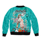 kookaburra-and-cockatoo-sleeve-zip-bomber-jacket-australia-merry-christmas-aboriginal-teal-style