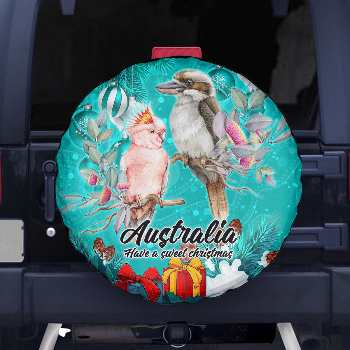 kookaburra-and-cockatoo-spare-tire-cover-australia-merry-christmas-aboriginal-teal-style