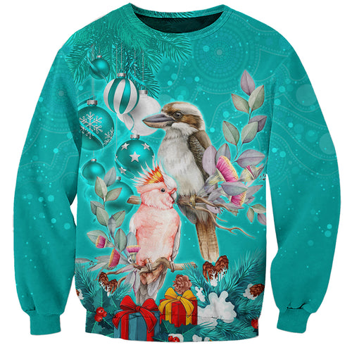 kookaburra-and-cockatoo-sweatshirt-australia-merry-christmas-aboriginal-teal-style