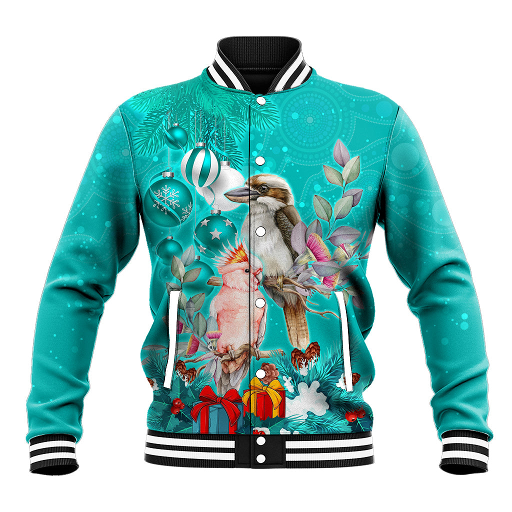 personalised-kookaburra-and-cockatoo-baseball-jacket-australia-merry-christmas-aboriginal-teal-style