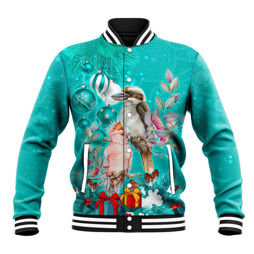 personalised-kookaburra-and-cockatoo-baseball-jacket-australia-merry-christmas-aboriginal-teal-style