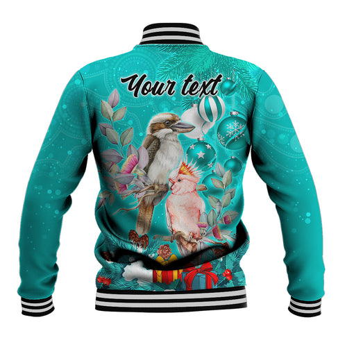 personalised-kookaburra-and-cockatoo-baseball-jacket-australia-merry-christmas-aboriginal-teal-style