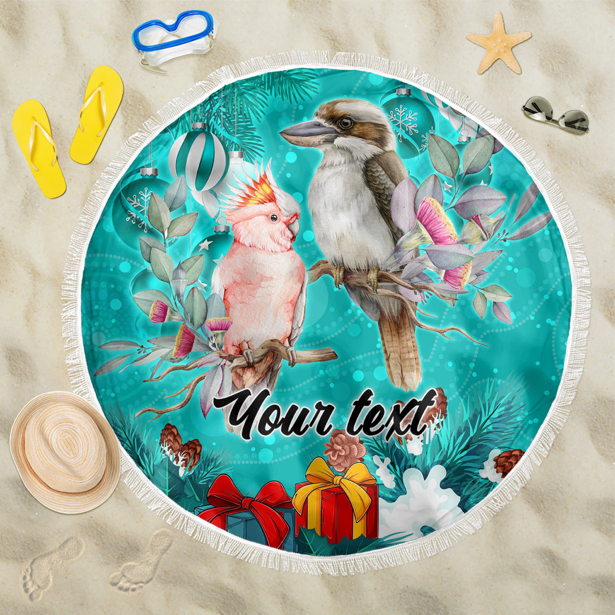personalised-kookaburra-and-cockatoo-beach-blanket-australia-merry-christmas-aboriginal-teal-style