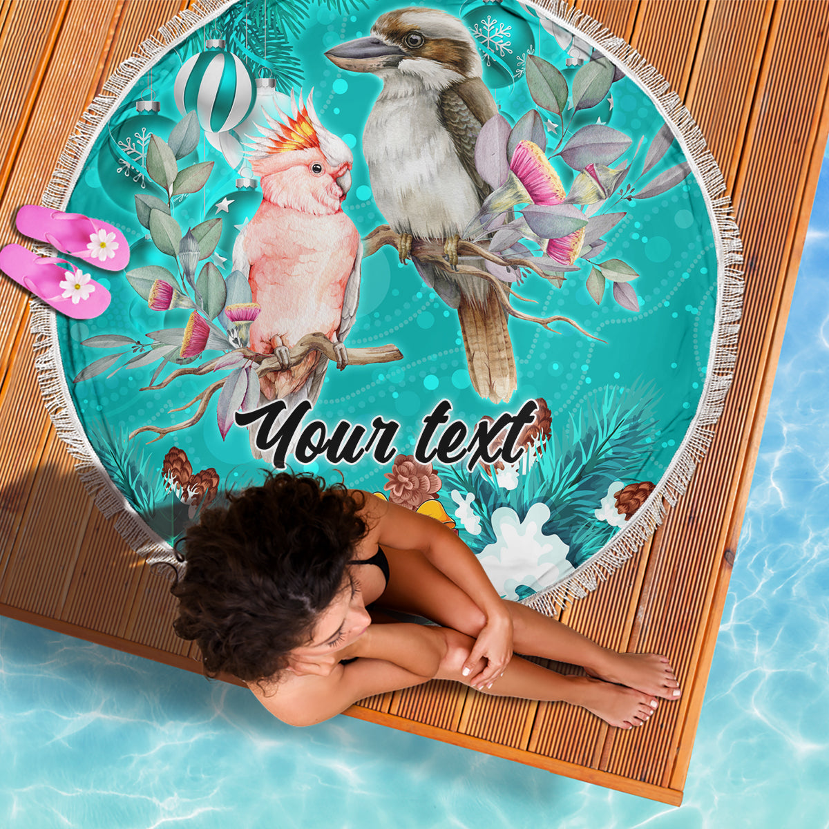 personalised-kookaburra-and-cockatoo-beach-blanket-australia-merry-christmas-aboriginal-teal-style
