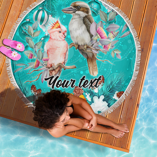 personalised-kookaburra-and-cockatoo-beach-blanket-australia-merry-christmas-aboriginal-teal-style
